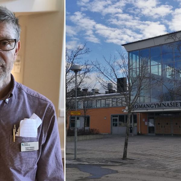Bilden är en splitbild. Vänster bildhalva: Porträttfoto på smittskyddsläkare Signar Mäkitalo. Höger bildhalva: Bromangymnasiets exteriör.
