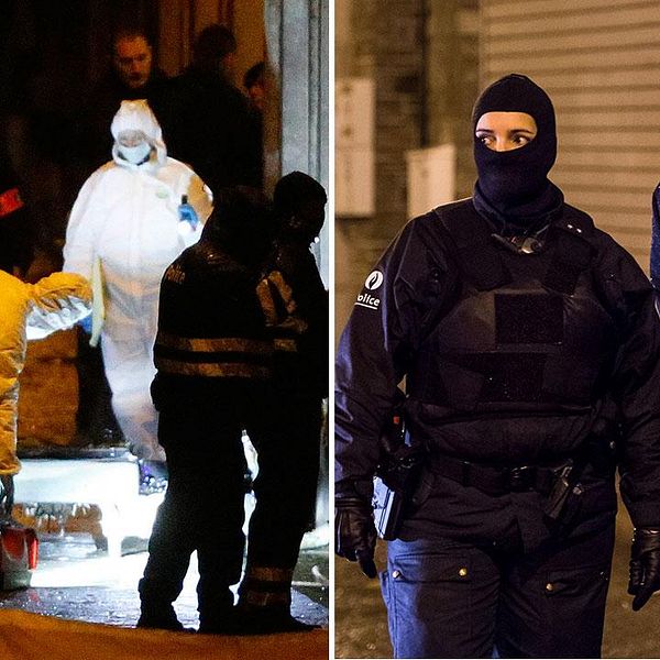 Belgiska poliser vaktar en gata i Verviers, Belgien. Landet har höjt vån för terrorhot till näst högsta nivån efter torsdagens drama där två misstänkta terrorister dödades och ytterligarre en skadades allvarligt i skottlossning med polisen.