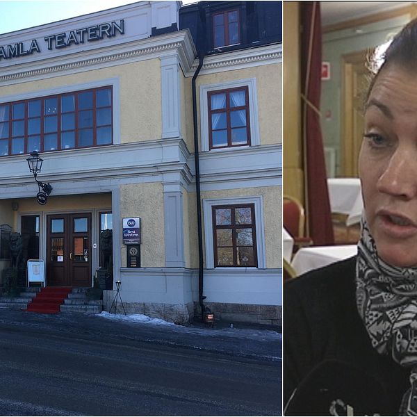 Bild på Hotell Gamla teatern och intervjubild på mörkhårig kvinna med hästsvans.