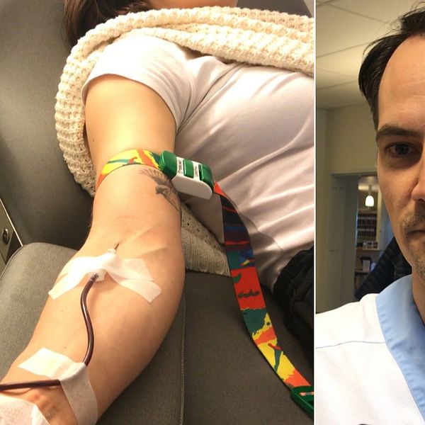 En patient ligger i en grå storl och ger blod vid Blodgivarcentralen i Umeå. Till höger finns en bild på Magnus Nordström, medicinskt ansvarig