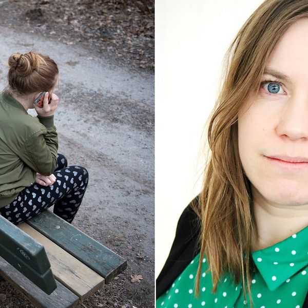 Flicka som pratar i telefon syns bakifrån. Sitter på barkbänk, iklädd rutiga byxor. Till höger porträttbild på kommunikatör Anna Holmqvist på Bris.