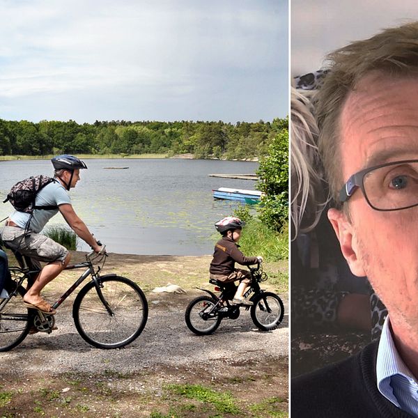 Familj cyklar i sommarmiljö