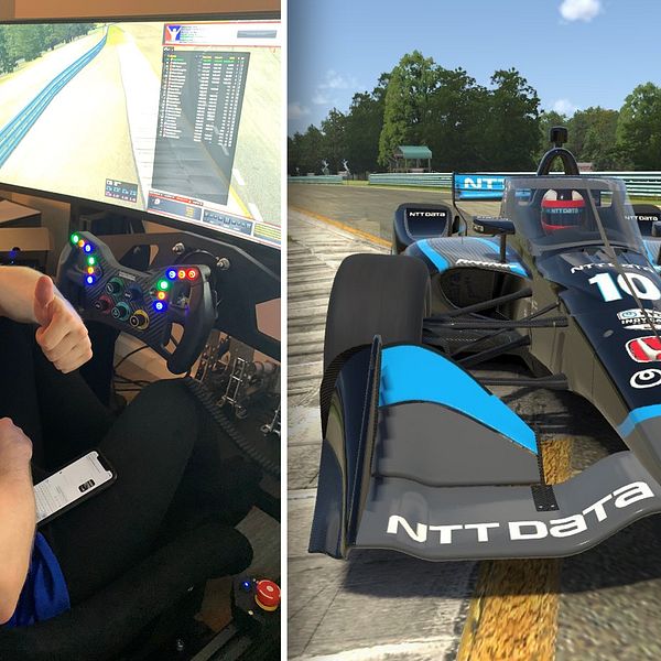 Felix Rosenqvist gör tummen upp framför sin simulator.