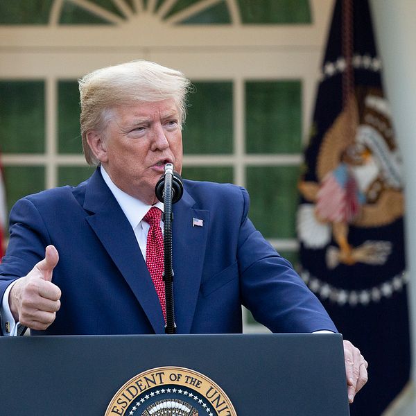 Donald Trump under presskonferensen om coronaläget i USA natten till måndagen svensk tid.