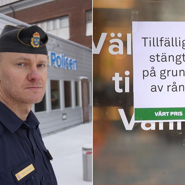 En polisman intervjuas utanför polishuset. Till höger en bild från butiken som rånats med skylt som säger ”tillfälligt stängt på grund av rån”