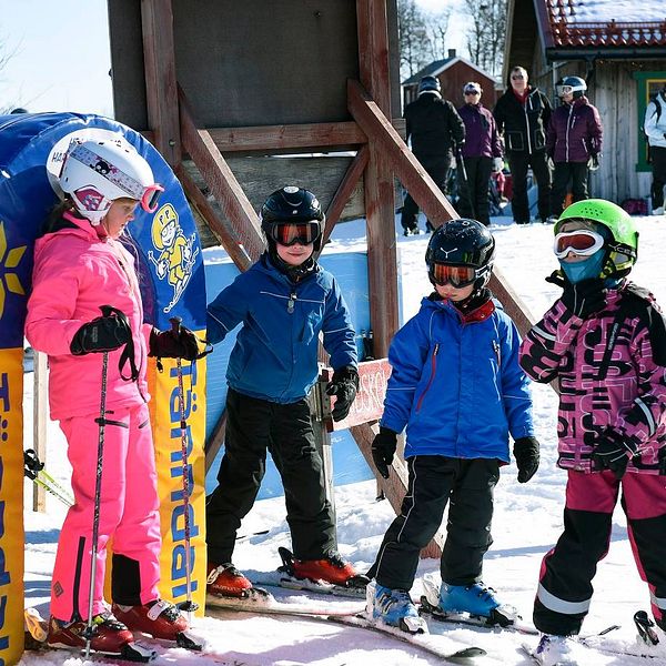 Skidåkande barn i färgglada kläder i liftkö i Tänndalen