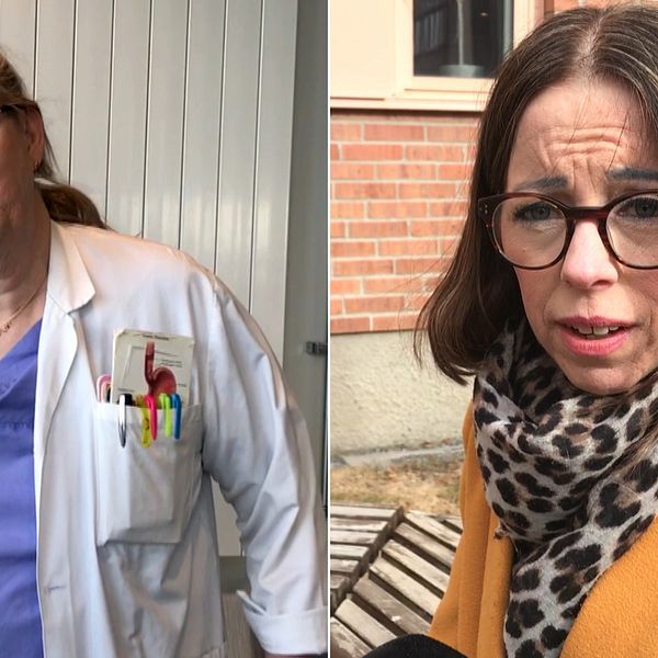 Till vänder en bild på läkarföreningens ordförande Cecilia Nordenson i vit läkarrock med pennor mm i fickan. Till höger Jenny Olsson, vårdförbundets ordförande i kappa utomhus. Bägge är verksamma i Västerbotten.