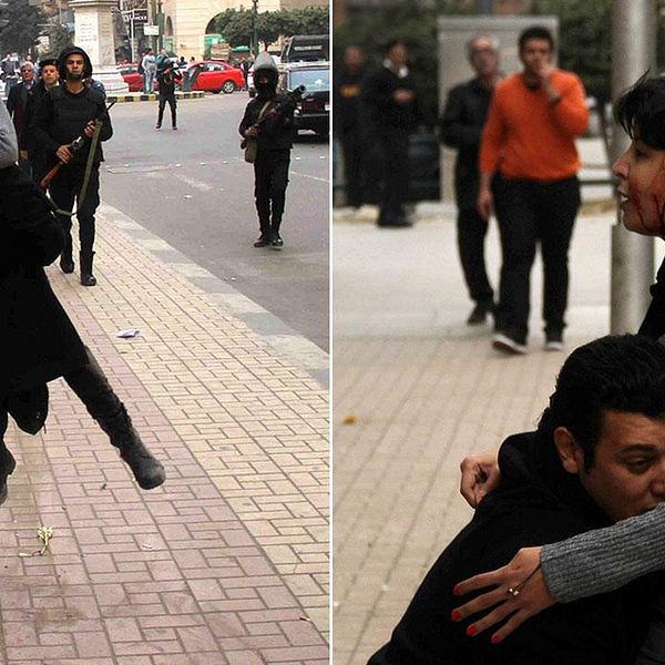 Aktivisten Shaimaa al-Sabbagh omfamnas av en man, som enligt uppgift är hennes kollega, strax efter hon skjutits. Minuter senare är hon död.