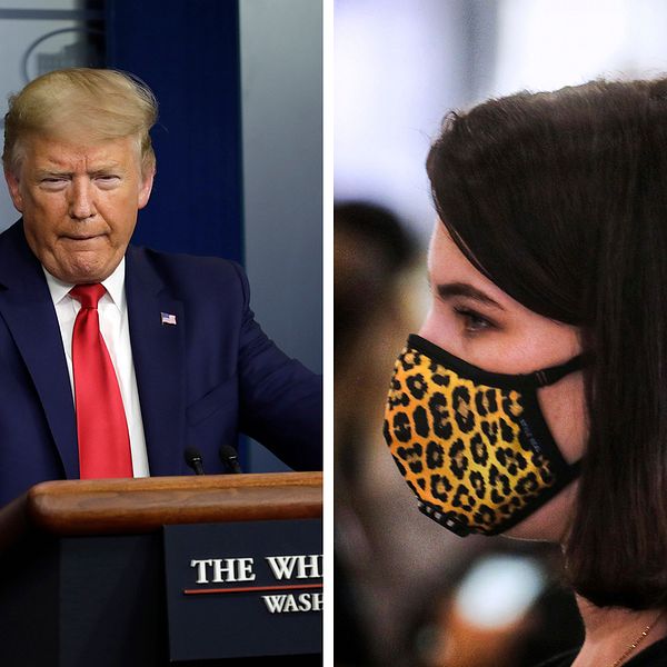Donald Trump. Kvinna i profil med munskydd av tyg.
