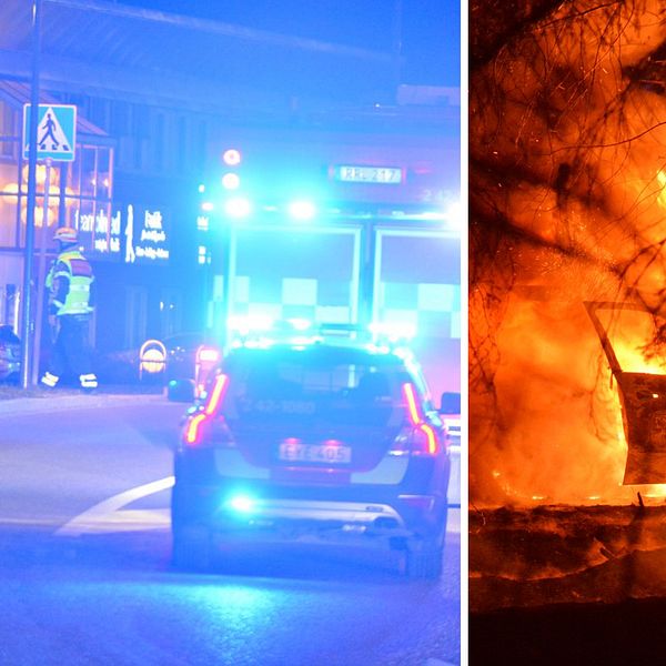 Till vänster polis och ambulans på plats på Koppargatan i Norrköping där den misstänkte skottlossningen skedde. Till höger den brinnande bilen i Åby som utreds för eventuellt samband med brottet.