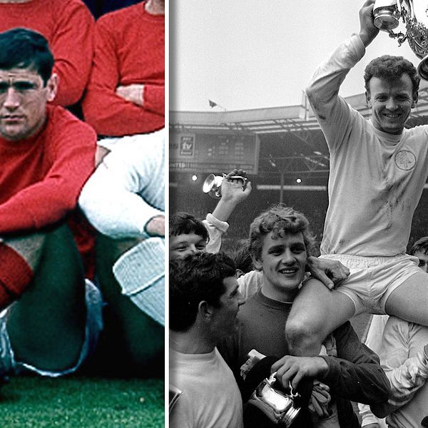 Vänster: Norman Hunter i den engelska VM-guldtruppen 1966. Höger: Leeds firar segern i ligacupen 1968, Hunter är längst till höger i bild.