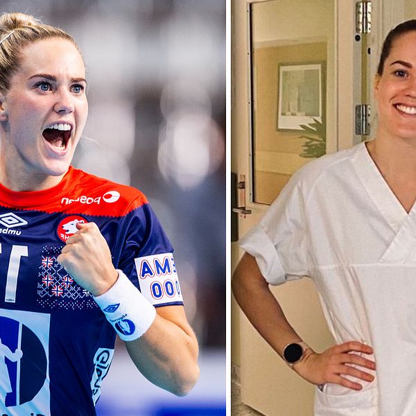 Norska handbollsproffset Malin Aune, till vänster på VM i december förra året och till höger på sjukhuset där hon hjälper till.