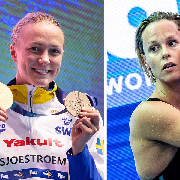 Federica Pellegrini och Sarah Sjöström med sina medaljer under VM 2019.