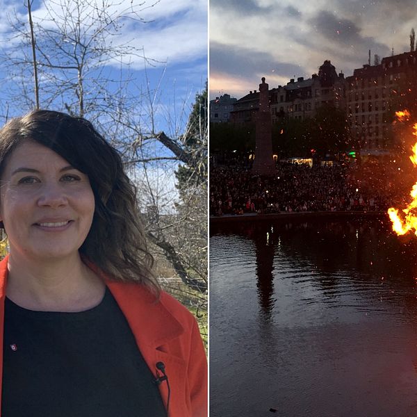 Anna-Karin Andershed, prorektor på Örebro universitet till vänster och valborgselden i Örebro till höger