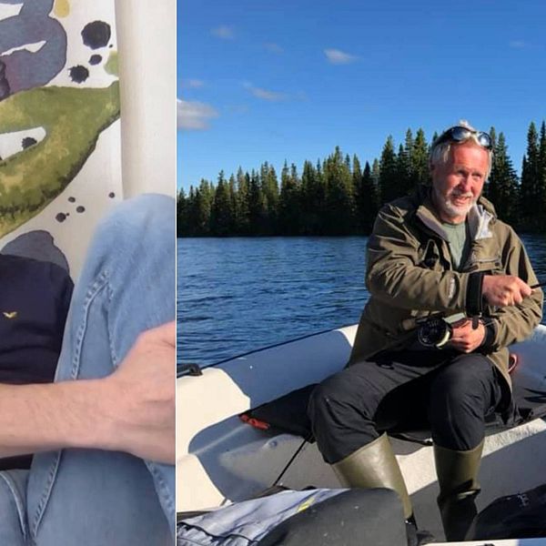Man med grått hår och grått skägg sitter i en soffa, bild på samma man i en båt med ett fiskespö i handen.