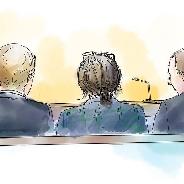 Max Serwin (mitten), en av de åtalade, med sina två advokater Max Ahlgren (tv) och Isak Åberg, när rättegången om Falcon Funds-härvan startade i Stockholms tingsrätt.