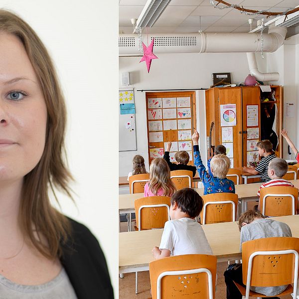 Kollage med en porträttbild på en kvinna och ett klassrum med barn.
