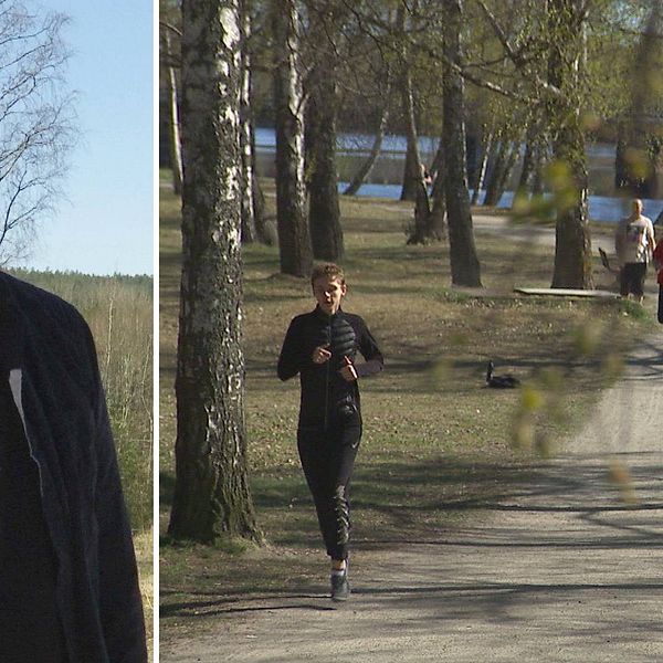 Två bilder. Till höger Carl-Gustaf Bornehag. Till vänster en bild med en joggare i förgrunden samt fler joggare och en cyklist i bakgrunden vid ett motionsspår i centrala Karlstad.