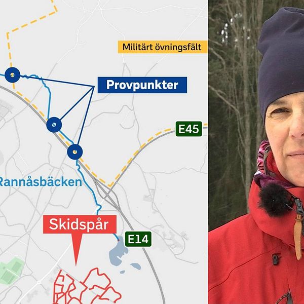 Dubbelbild. Till vänster en karta över norra Östersund med skidspår, E45, E14 samt Rannåsbäcken och Semsån markerat. Dessutom tre provpunkter markerade med blå ringar. Till höger en blid på en kvinna i röd jacka med en blå mössa.