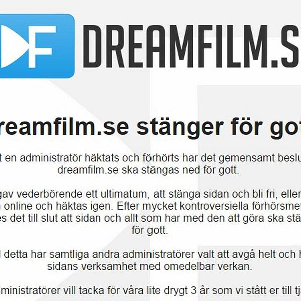 Ett meddelande om att sajten är nedstängd efter en polisinsats möter besökare på piratsajten Dreamfilm.