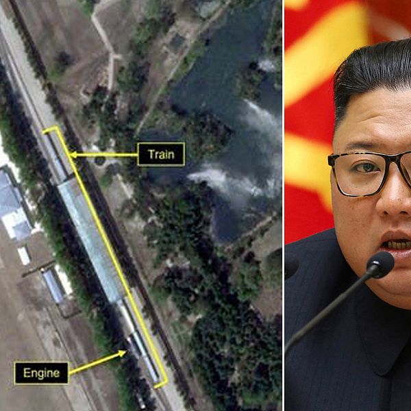 Till vänster en satellitbild som släppts av 38 North. Den tros visa Kim Jong-Un tåg i Wonsan på landets östkust.