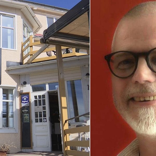 Husfasad till restaurang i Junsele till vänster. Bild på Thomas Östlund till höger, iklädd svarta glasögon framför en röd vägg.