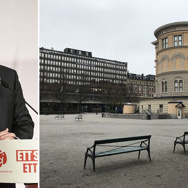 Statsminister Stefan Löfven (S) under sitt digitala första maj-tal och ett tomt Norra bantorget, där Socialdemokraternas första maj-tåg normalt avslutas.