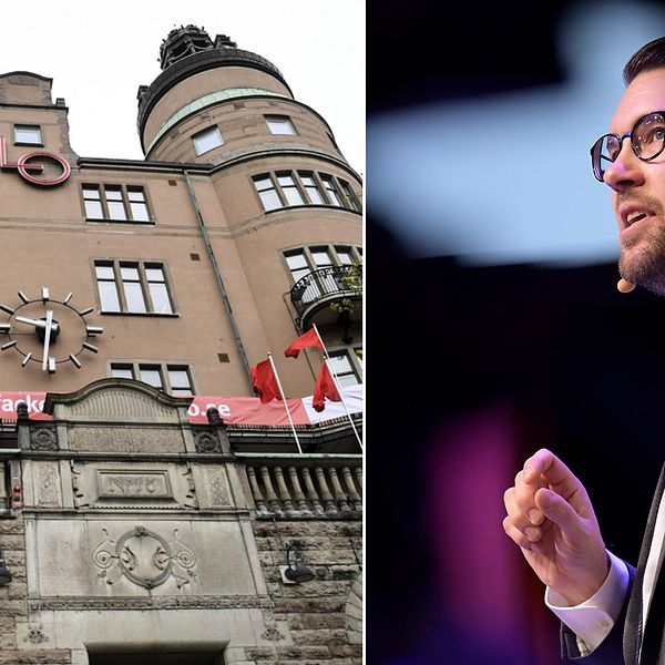 Jimmie Åkesson (SD) ser gärna att hans parti tar mer plats under kommande första maj-evenemang. Montage med bild på LO-borgen och Jimmie Åkesson.