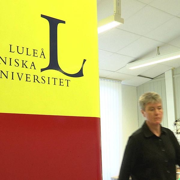 Luleå tekniska universitets logga och en person som går till höger i bilden.
