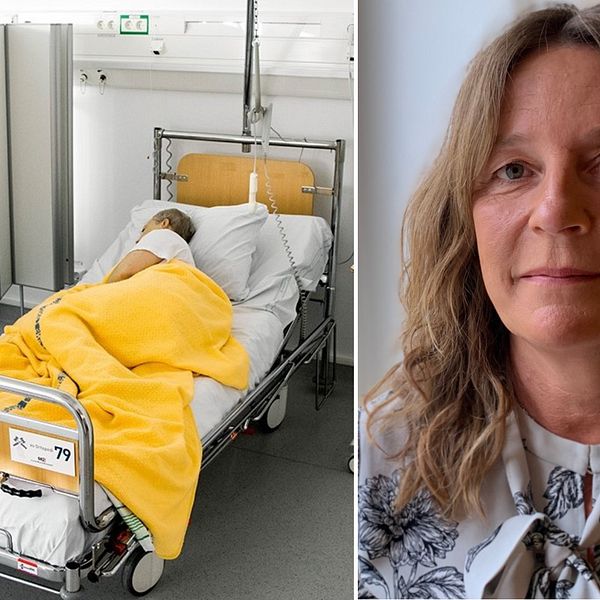 Till vänster genrebild på person i sjuksäng. Till höger porträttbild på Maria Olsson som är registerhållare och ansvarig för det Svenska palliativregistret.