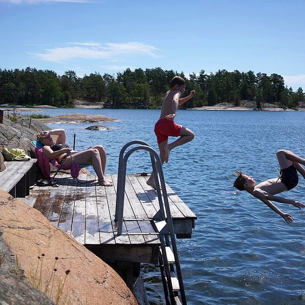 Två pojkar hoppar från en brygga. En kvinna solar sig på bryggan. Det är vackert väder, en svensk flagga vajar i vinden på en klippa intill bryggan.