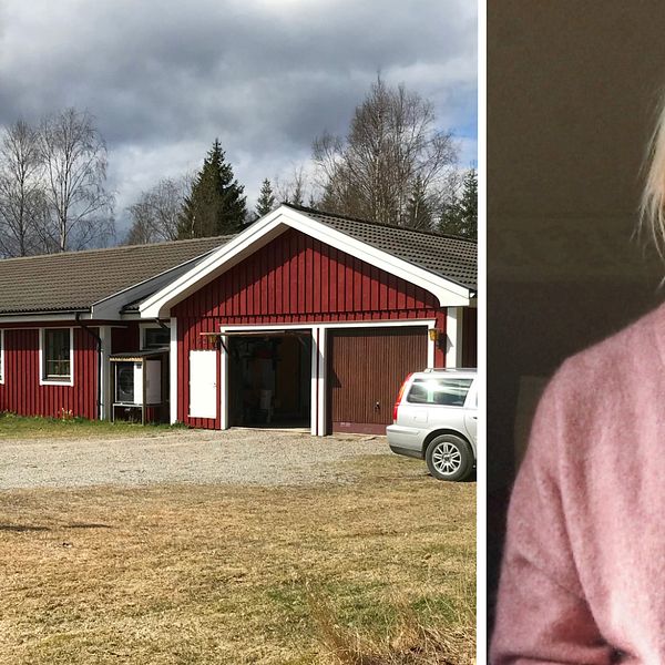 Collage i två delar. Vänster bildhalva: Exteriör på ett rött trähus. Höger bildhalva: Porträttbild på mäklaren Johanna Nordholm.