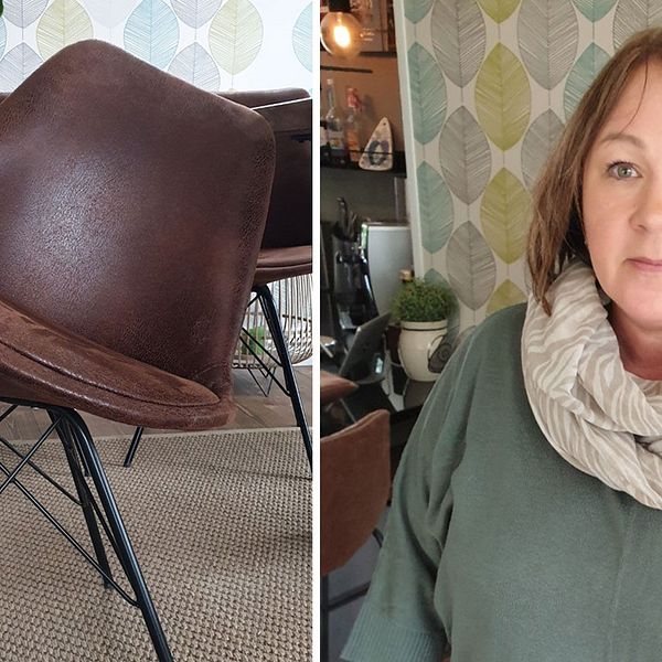 En brun stol som är extremt ned. En bild på Mia Kohl.