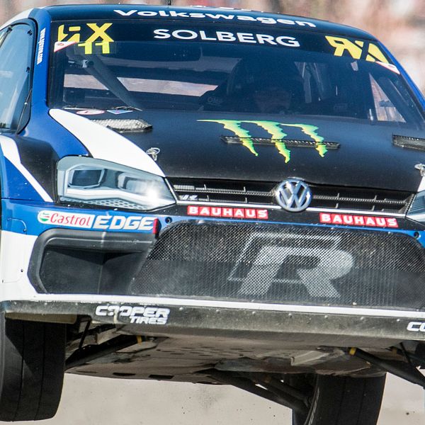 Petter Solberg, NOR, under rallycross-VM, deltävling 6 av 12, på Höljes motorstadion.