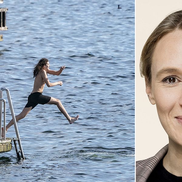 Till vänster en person som badar, till höger Danmarks miljöminister Lea Wermelin.