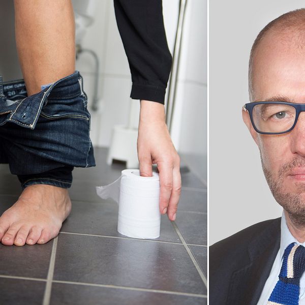 Till vänster en bild på benen och fötterna av en person som sitter på toaletten och sträcker sig efter toalettpappret. Till höger professor Magnus Simrén.