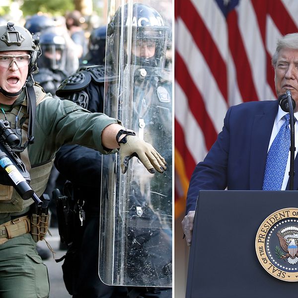 Donald Trump talade utanför Vita Huset kort efter att polisen skjutit tårgas mot demonstranter inte långt därifrån.