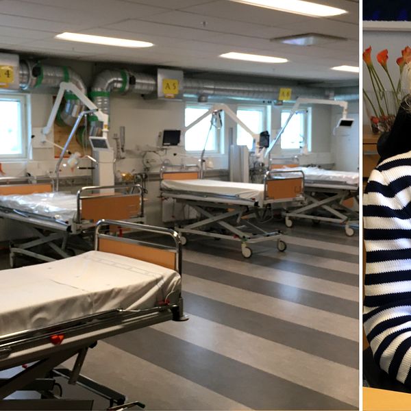 Vårdavdelning på Sundsvalls sjukhus med tomma sängar. Porträtt av sjukhusdirektör Lena Carlsson.