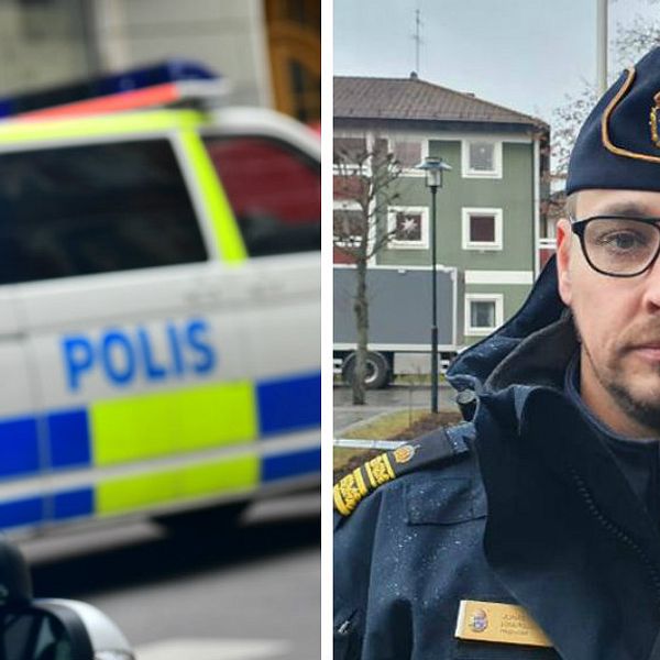 Delad bild där den ena bilden föreställer polisbilar och den andre en polis i uniform med glasögon och mössa.