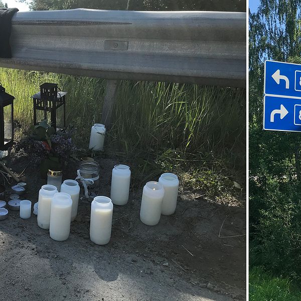 Bild från olycksplatsen där en pojke avled och en skadades i samband med en lastbilskrock utanför Hudiksvall under måndagskvällen. Ljus och blommor vid olycksplatsen.