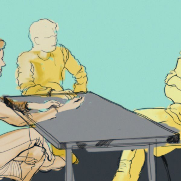 Grafik som föreställer tre personer som sitter runt ett bord.