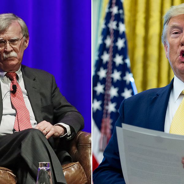 Tidigare säkerhetsrådgivaren John Bolton samt USA:s president Donald Trump på olika bilder.