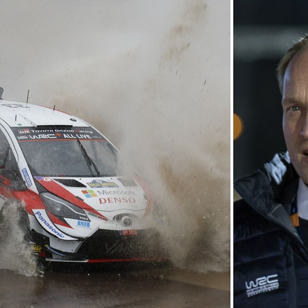 Två bilder. Till vänster en rallybil som åker igenom en stor vattenpöl i årets upplaga av Svenska rallyt. Till höger rally-vd:n Glenn Olsson.