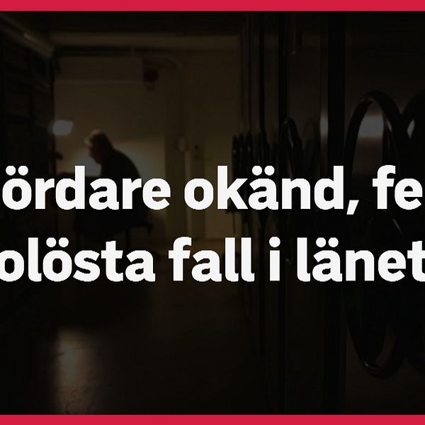 Text ”Mördare okänd, fem olösta fall i länet” på svart bakgrund.