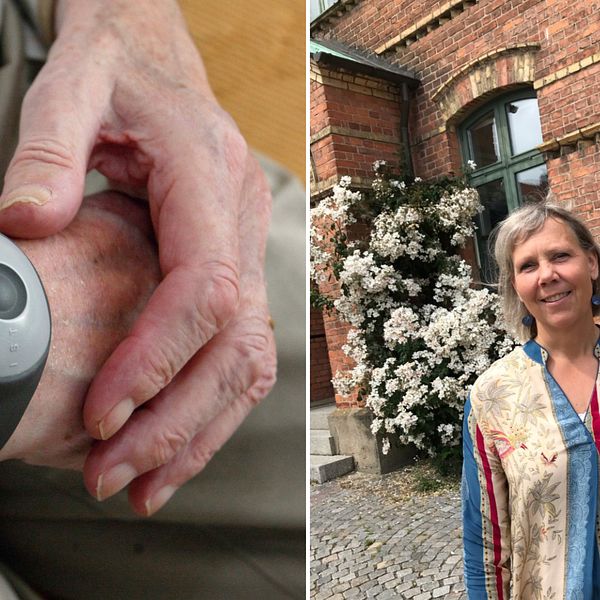 Till vänster äldre persons händer med hemtjänstlarm. Till höger bild på kommunstyrelsens ordförande i Simrishamn, Jeanette Ovesson, moderat.