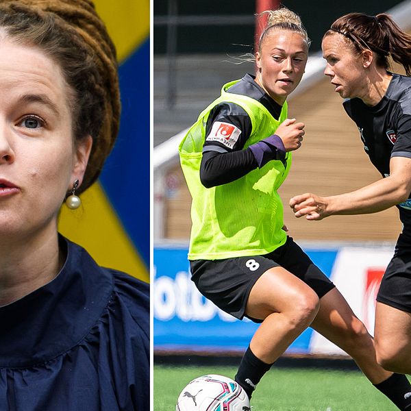 Idrottsminister Amanda Lind samt Hanna Bennison och Jessica Samuelsson under en fotbollsträning med FC Rosengård.