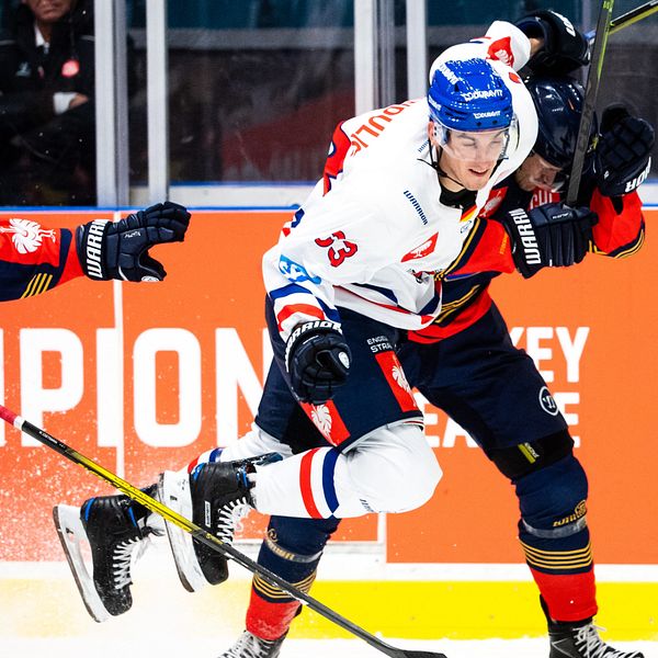 Borna Rendulic i Adler Mannheims vita tröja i en match mot Djurgården