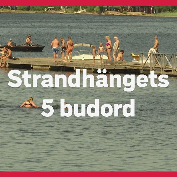 Text där det står ”strandhängets 5 budord” framför en badbrygga med ett flertal badgäster