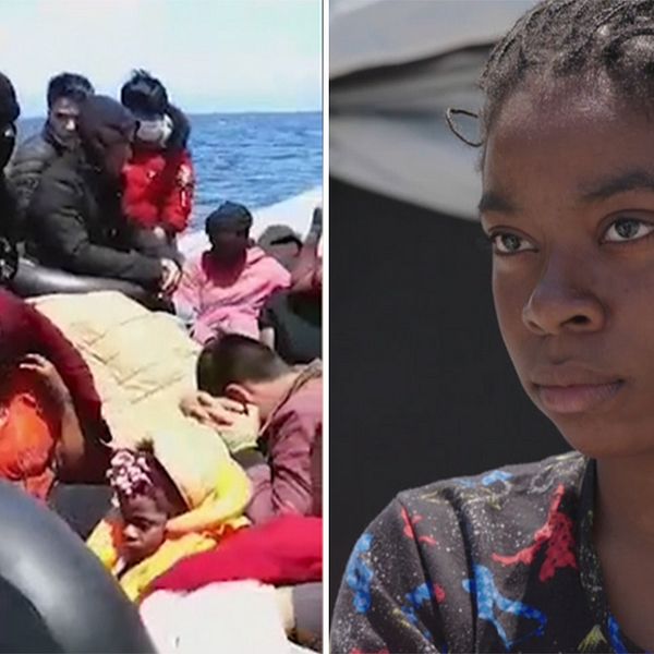 Till höger en bild från den överfulla gummibåten Karen kom till Lesbos med. Till höger en närbild på Karen Bunga.