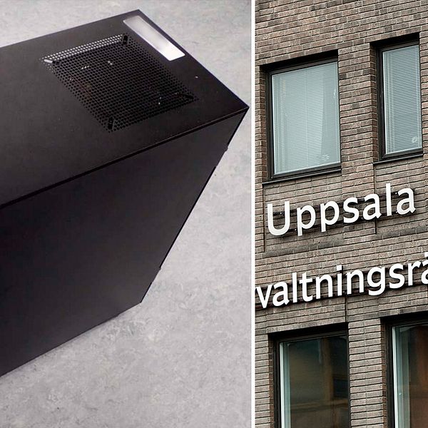 bild på en stationär dator, samt på fasad med skylt ”Uppsala tingsrätt”
